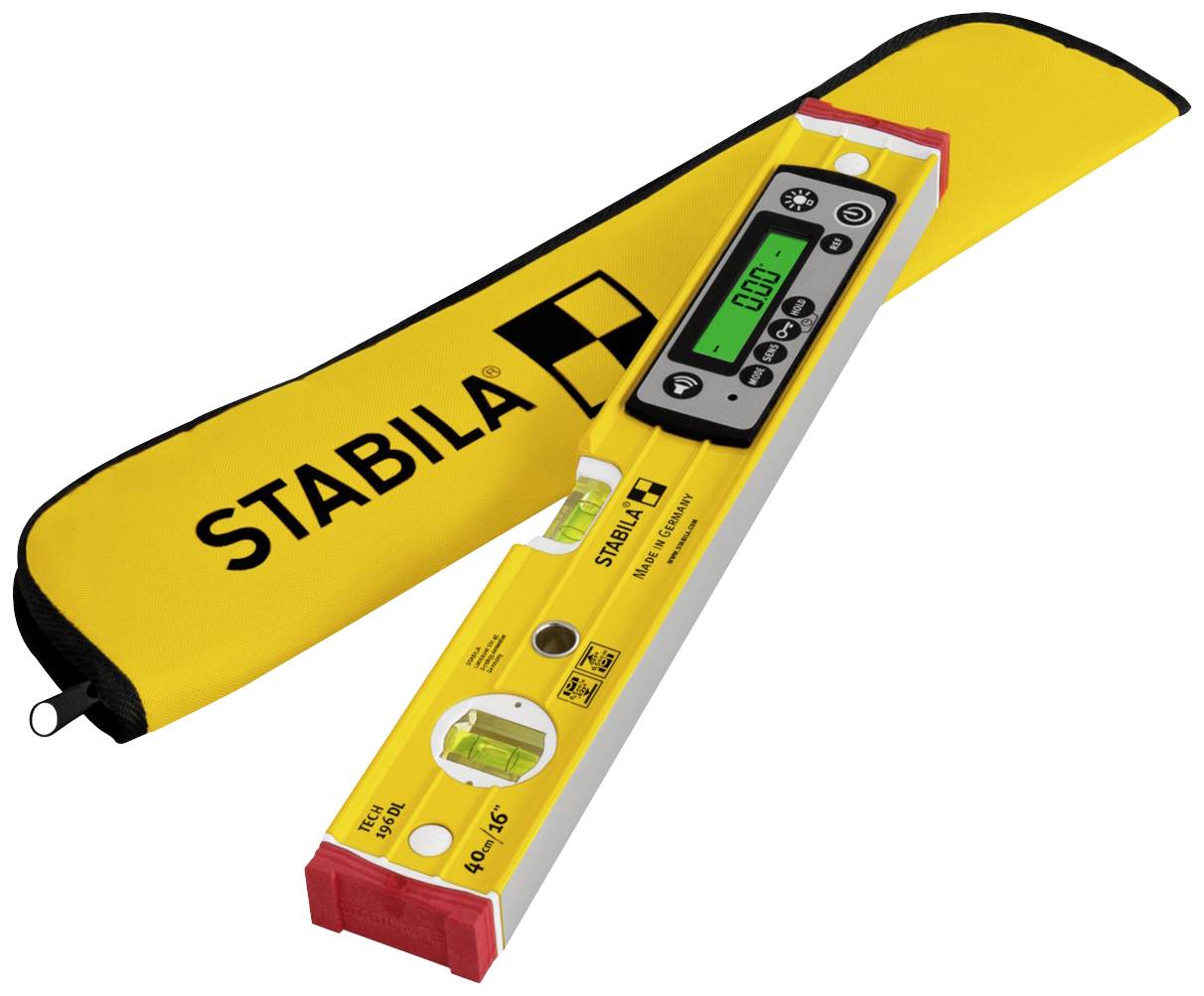 Elektronische Wasserwaage von Stabila mit digitalem Display und Schutzhülle, ideal zur präzisen Messung neigbarer Oberflächen.