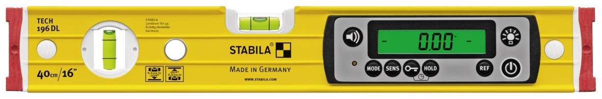 Digitale Wasserwaage in gelber Farbe mit Stabila-Logo, LCD-Display zeigt '0.00'. Made in Germany.