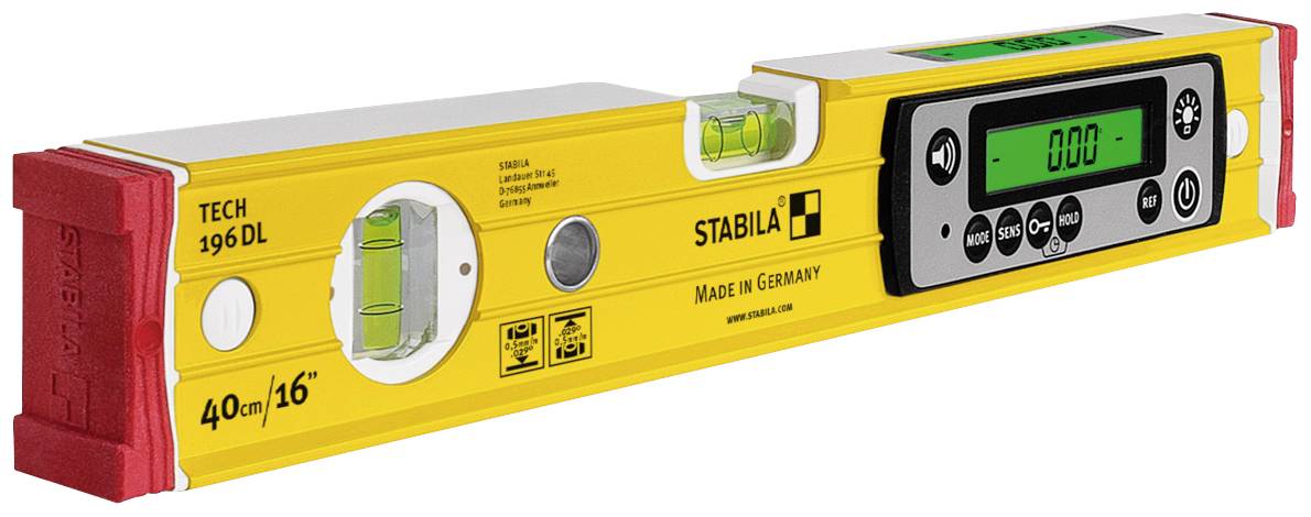 Wasserwaage mit digitalem Display, gelbem Gehäuse und zwei Libellen. Aufschrift: 'Made in Germany', 'Stabila'.