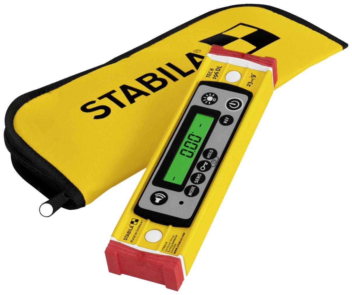 Digitaler Neigungsmesser mit grünem Bildschirm zeigt '0.00°'. Gelbes Etui mit 'Stabila'-Logo daneben.