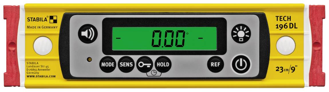 Elektronische Wasserwaage in gelber Farbe mit grünem Display zeigt '0.00' Grad an. Markenname und Modelle sind sichtbar.