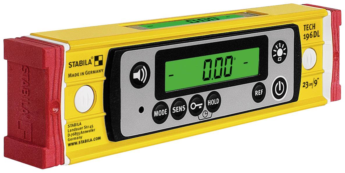 Digitales Neigungs- und Wasserwaagenmessgerät mit gelbem Gehäuse, rotem Endschutz und einem digitalen Display, das '0.00' anzeigt.