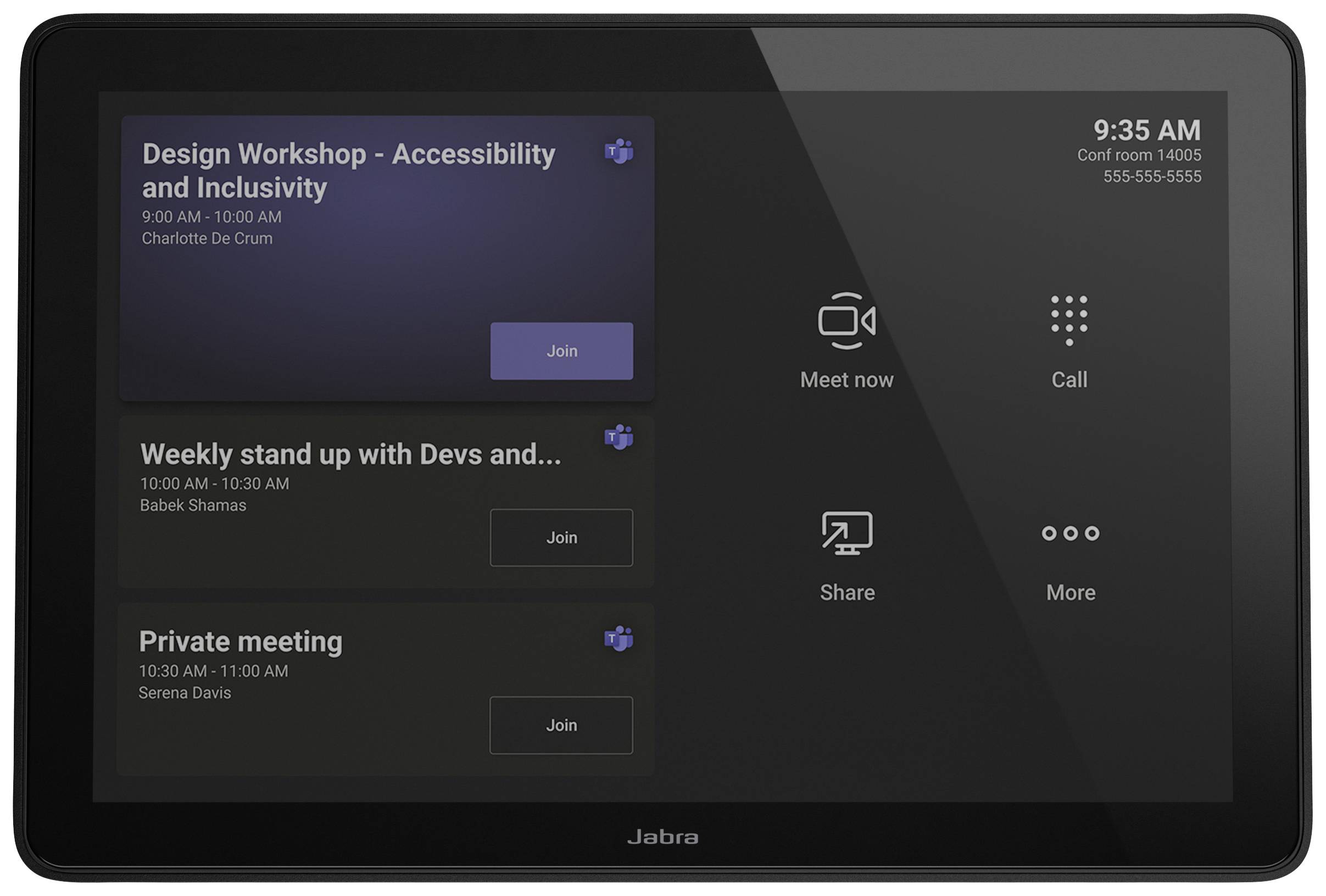 Tablet zeigt Meetingplan an, darunter 'Design Workshop - Accessibility and Inclusivity', mit Optionen zum Treten, Anrufen und Teilen.