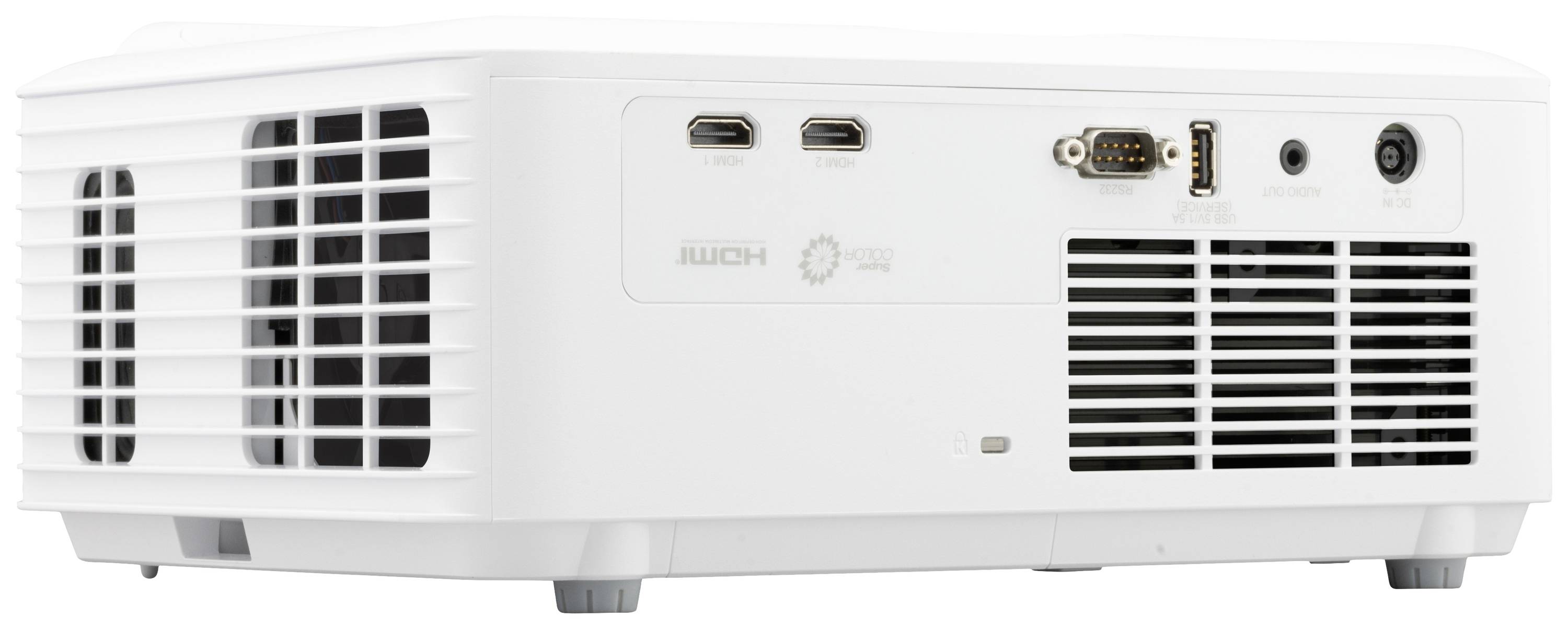 Ein weißer Projektor mit verschiedenen Anschlüssen, darunter HDMI, USB und Netzteilanschluss, Ansicht von der Seite.