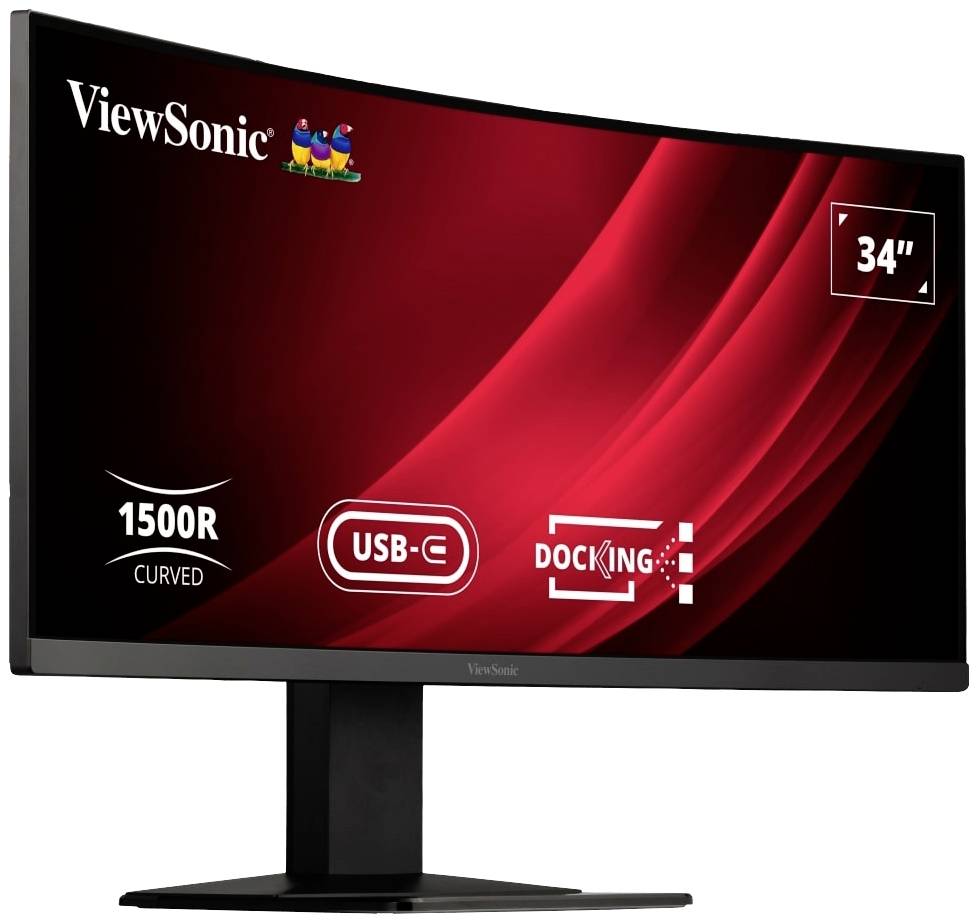 Ein gebogener, 34-Zoll-Monitor von ViewSonic mit USB-C-Anschluss und Docking-Funktion, 1500R Krümmung, schwarzer Ständer.