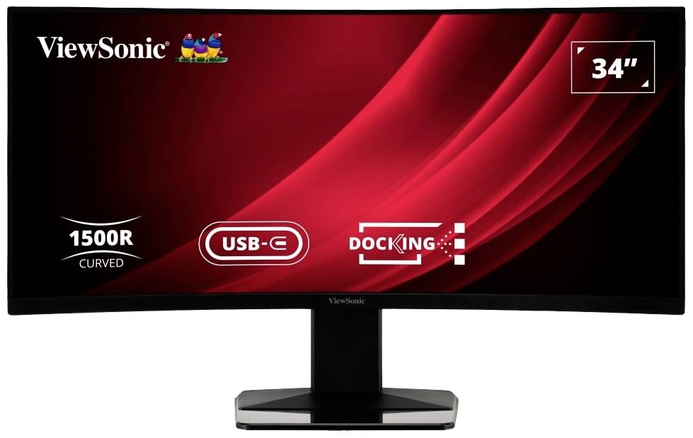 Ein gebogener 34-Zoll-Monitor von ViewSonic, 1500R Krümmung, USB-C- und Docking-Funktion, schwarzes Gehäuse, roter Hintergrund.