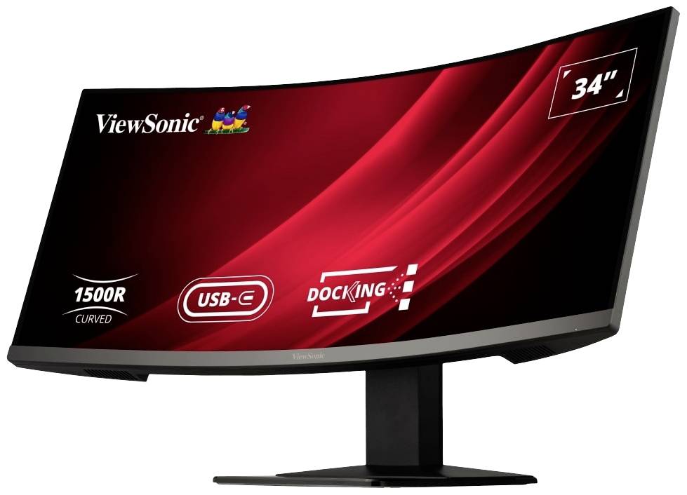 Gebogener 34-Zoll-Monitor von ViewSonic, Modell 1500R, mit USB-C- und Docking-Funktion. Display zeigt rote Grafik.