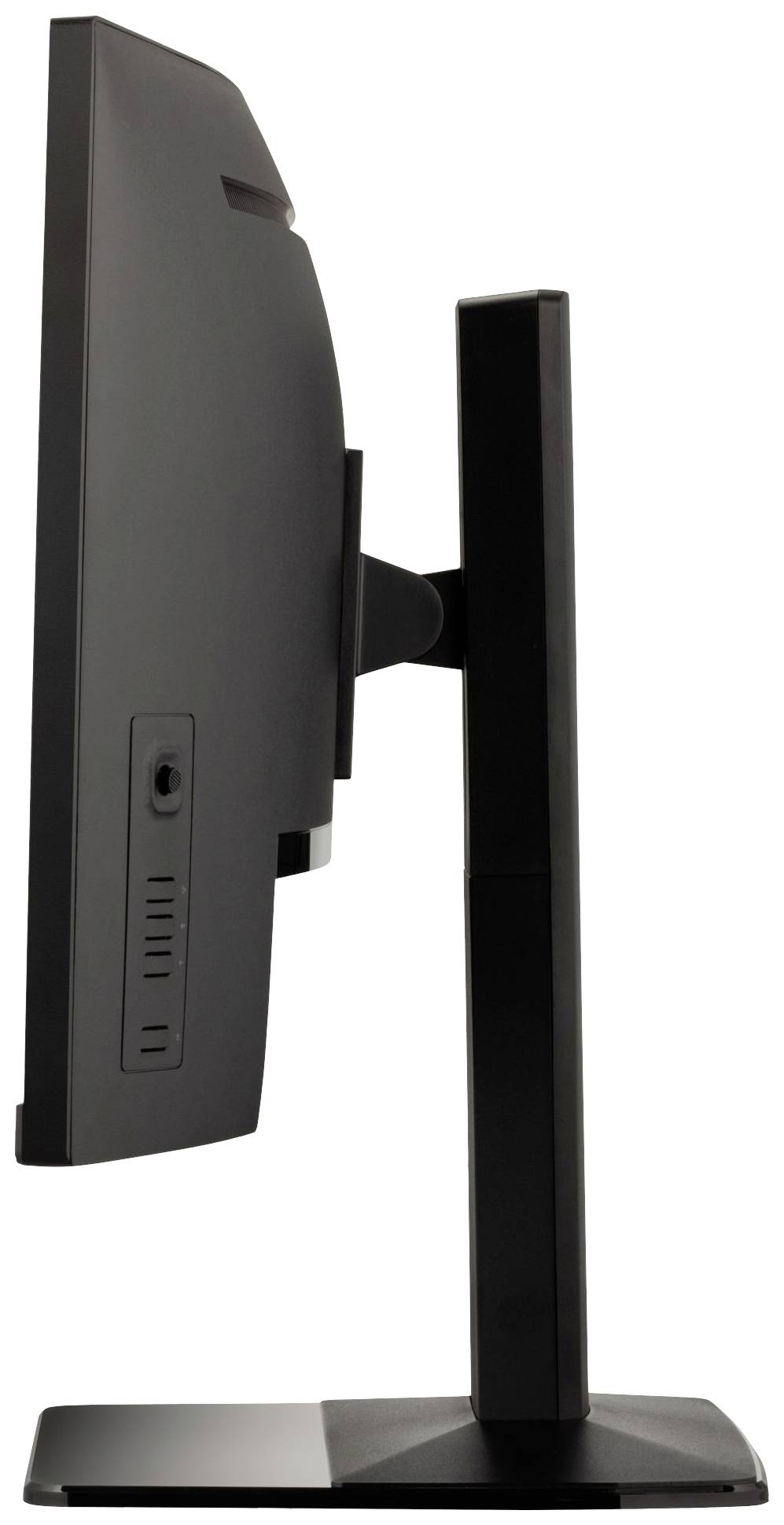 Seitenansicht eines Flachbildmonitors mit schwarzem Rahmen, auf einem rechteckigen Ständer montiert.