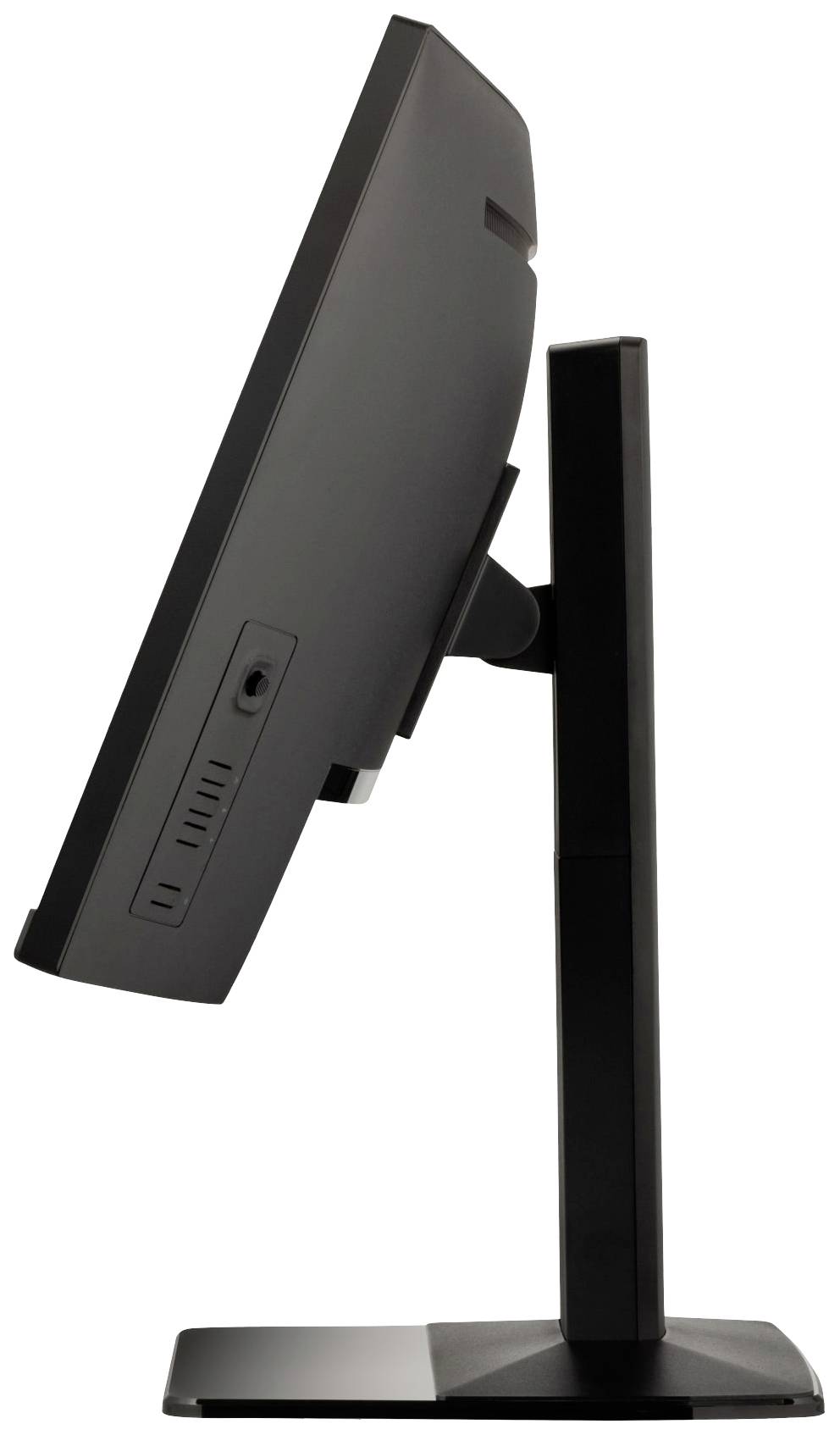 Ein schwarzer Computermonitor von der Seite, mit verstellbarem Ständer, auf einem weißen Hintergrund.