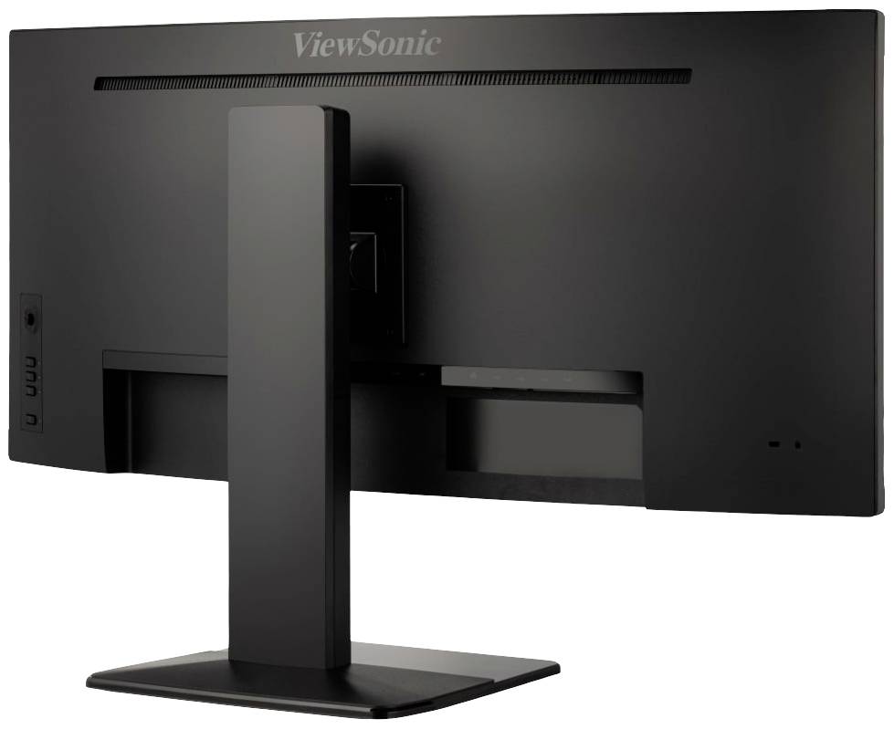 ViewSonic-Monitor von hinten, zeigt Standfuß und Anschlüsse, schlichtes schwarzes Design. Kein Bildschirminhalt sichtbar.