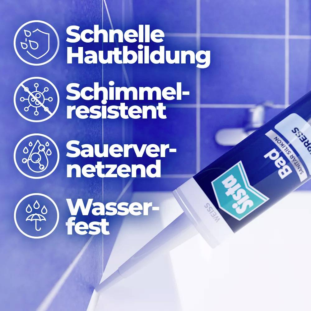 Eine Tube Dichtungsmasse liegt auf einem Fliesenboden. Text neben der Tube: 'Schnelle Hautbildung, Schimmelresistent, Sauervernetzend, Wasserfest'.