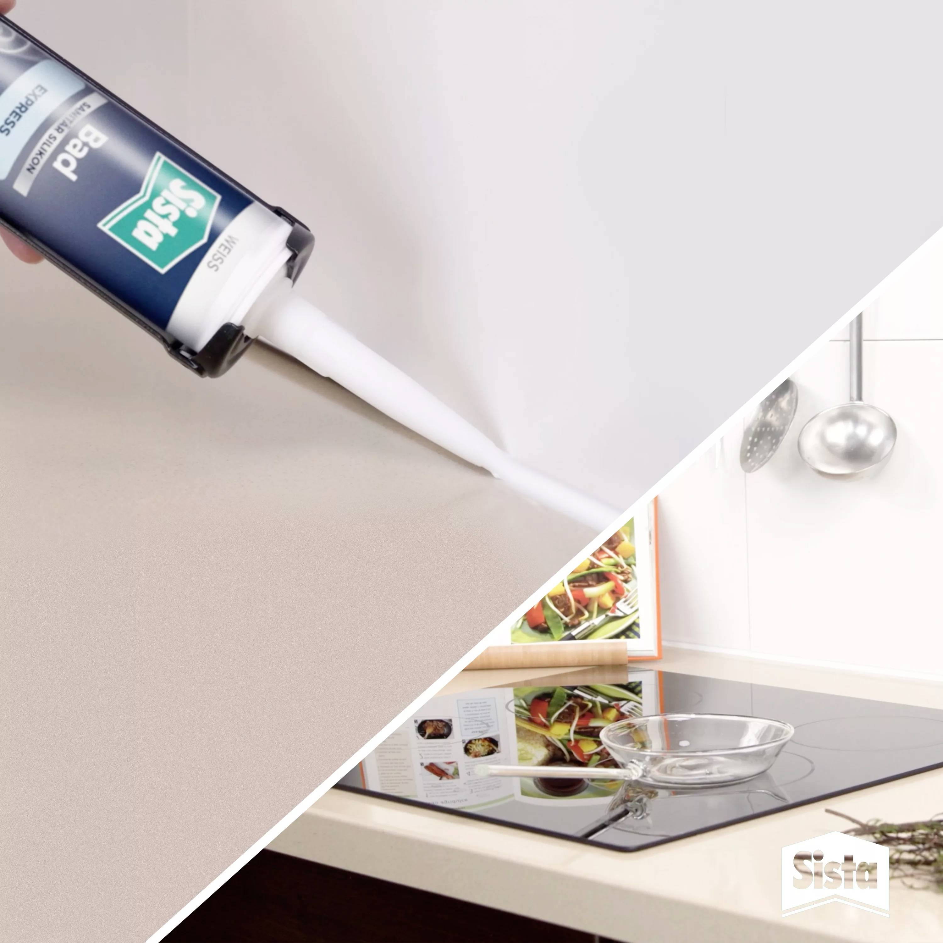 Dichtungsmasse wird auf eine glatte Oberfläche aufgetragen. Im Hintergrund sind Kochutensilien und ein Herd mit leerem Pfannendeckel zu sehen.