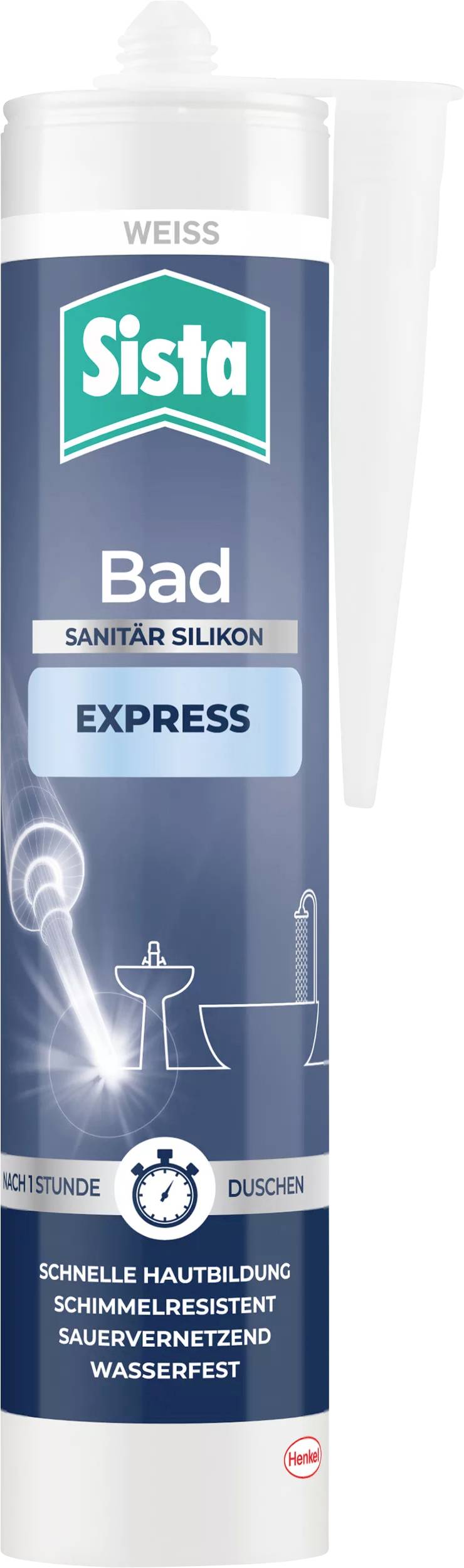Kartusche mit 'Sista Bad Sanitär Silikon Express' in Weiß, antibakterielle Versiegelung für Bad- und Küchenbereiche, wasserfest.