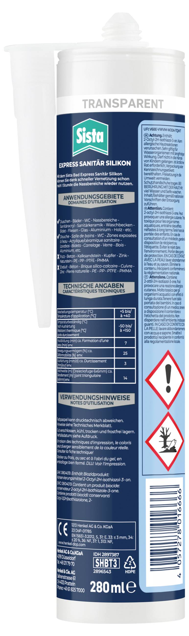 Kartusche mit 280 ml transparentem Silikon für Sanitäranwendungen. Warnsymbole: Achtung und umweltgefährdend.