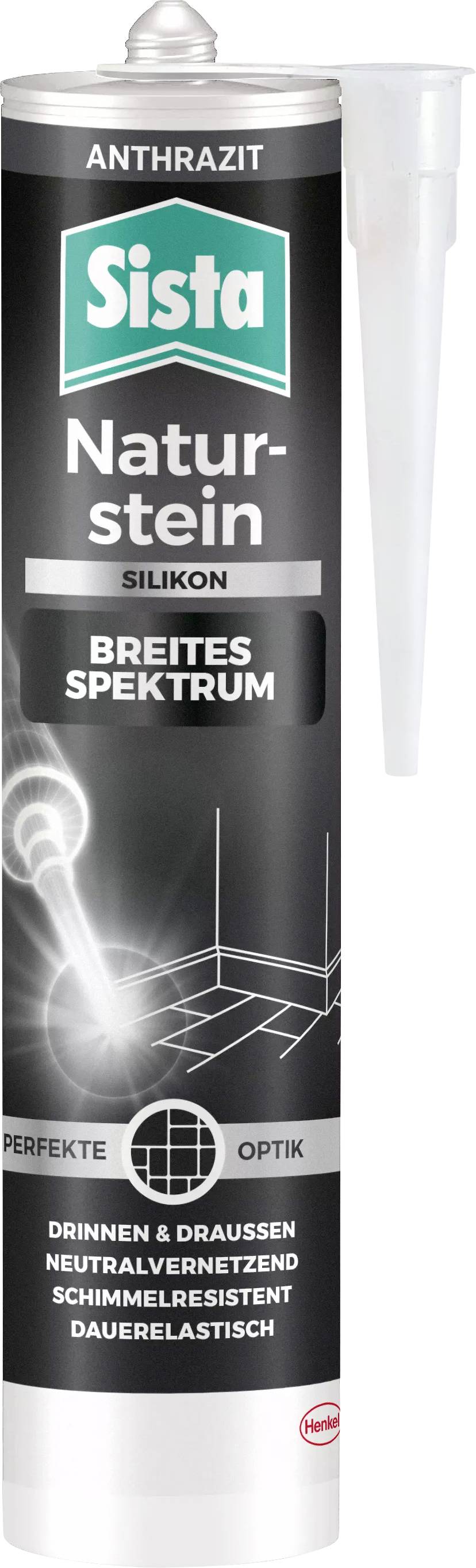 Kartusche Sista Naturstein-Silikon in Anthrazit für drinnen und draußen. Breit einsetzbar, schimmelresistent, dauerelastisch.