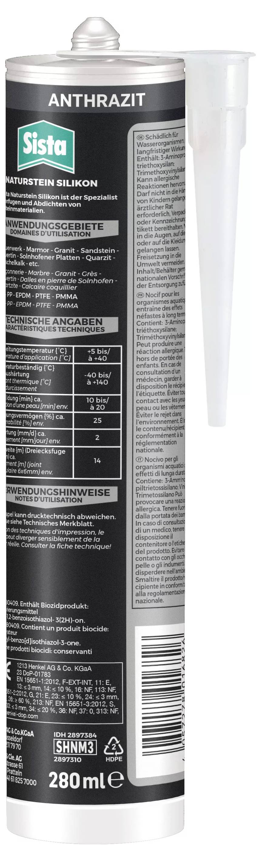 Kartusche mit 'Sista' Bausilikon in Anthrazit, 280 ml. Geeignet für saure Abdichtungen. Enthält Gebrauchsanweisungen und Produktspezifikationen.