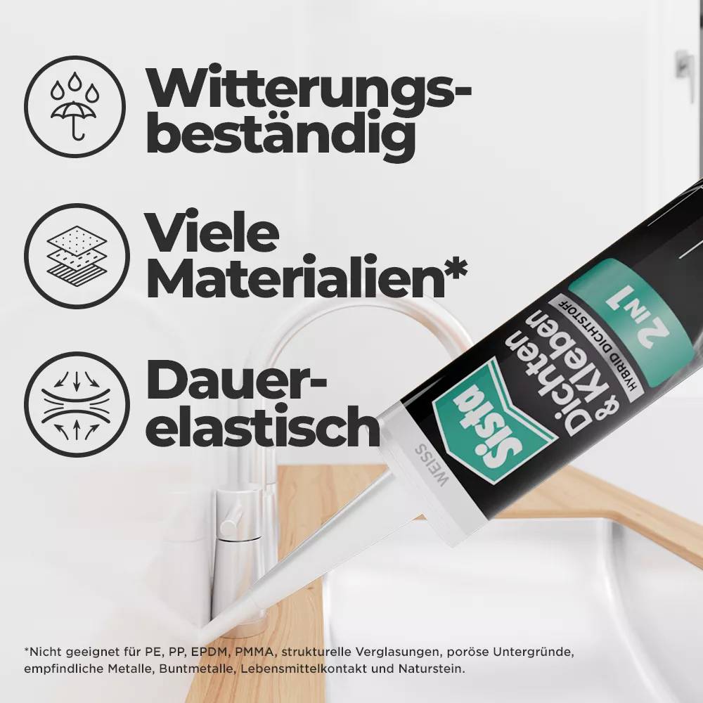 Kartusche mit 'Dicht & Kleber' von Sista zeigt wetterbeständige, vielseitige, daueraelastische Eigenschaften. Grafiken veranschaulichen Materialkompatibilität.