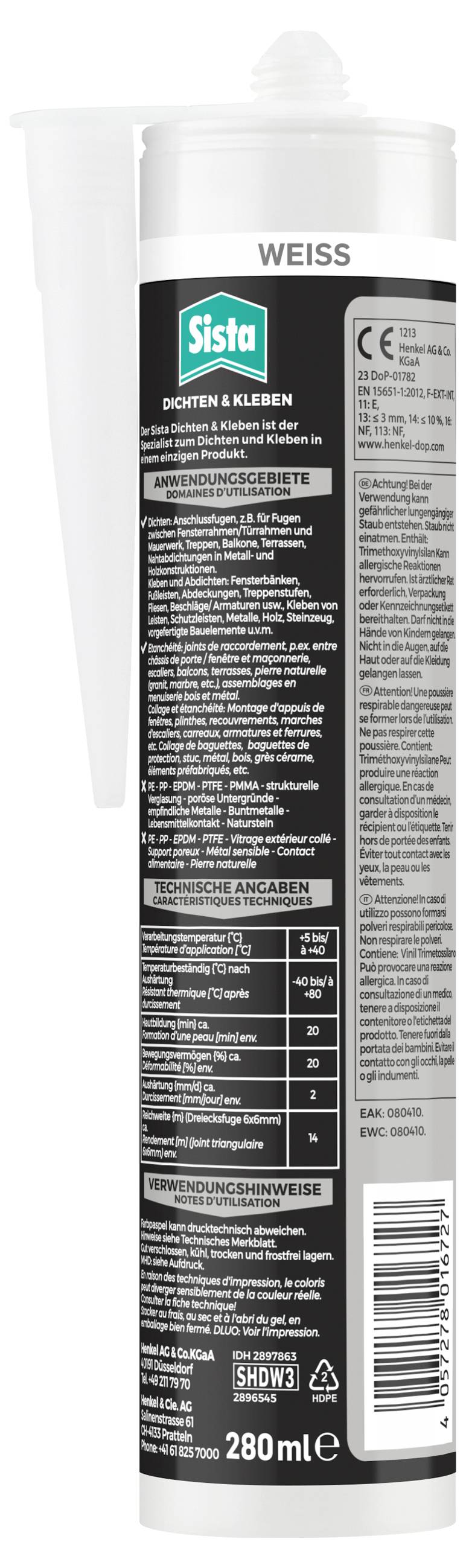 Kartusche mit Dichtstoff, Marke Sista, schwarz-weiße Etiketten mit Anwendungs- und Sicherheitsanweisungen. Kapazität: 280 ml.