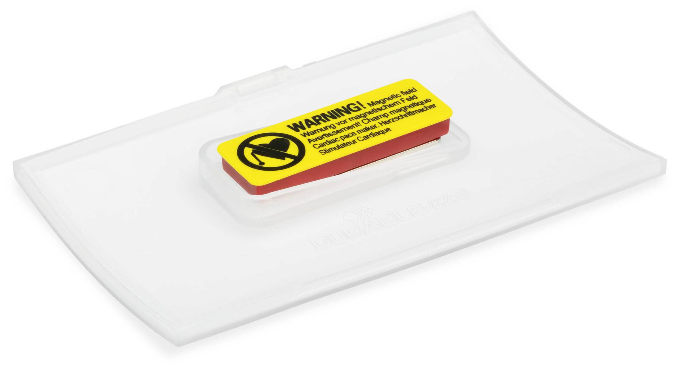 Transparente Plastikabdeckung mit gelbem Warnschild. Text: 'WARNING! Contains small magnets...' Benutzerhinweis zur sicheren Handhabung.