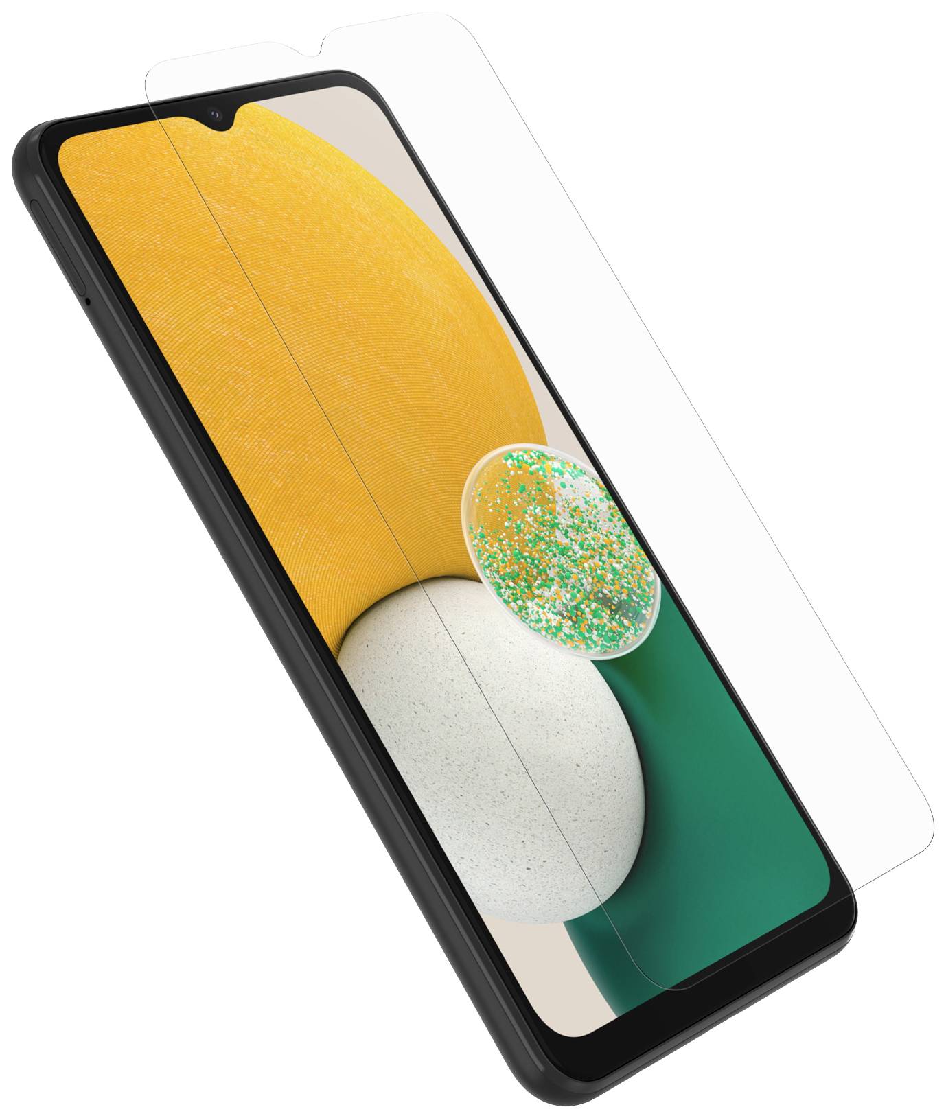 Ein Smartphone mit einer Display-Schutzfolie, die farblich abgestimmt zur abgerundeten Grafik auf dem Bildschirm passt.