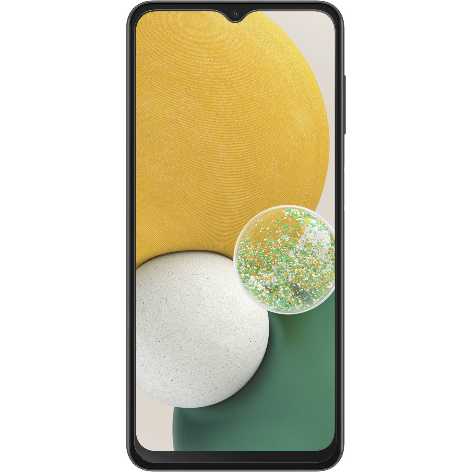 Ein Smartphone mit schwarzem Rahmen zeigt ein abstraktes Hintergrundbild mit großen farbigen Kreisen in Gelb, Weiß und Grün.