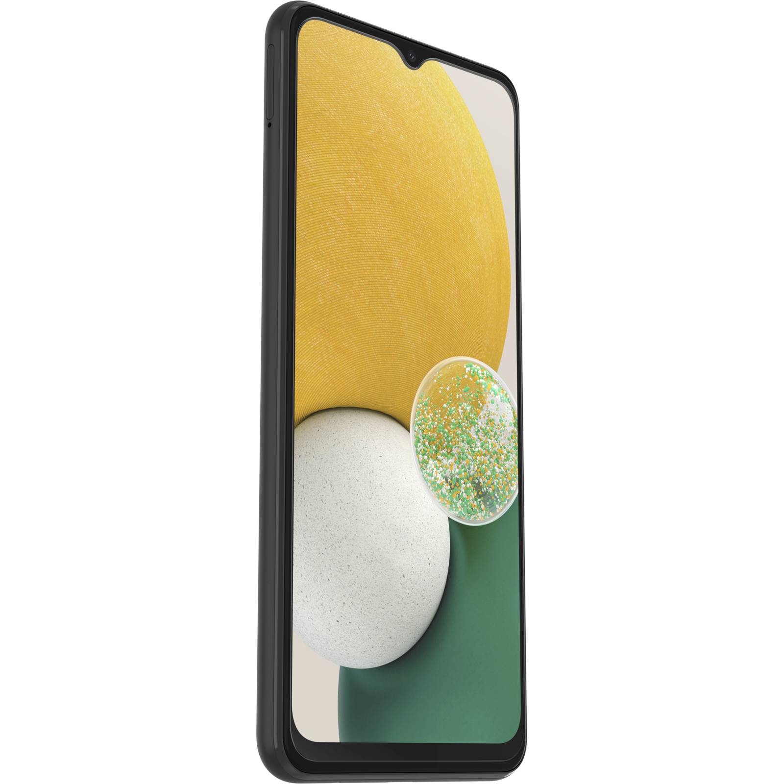 Ein Smartphone mit schwarzem Rahmen und einem Bildschirm, der geometrische Formen in Gelb, Weiß und Grün zeigt.