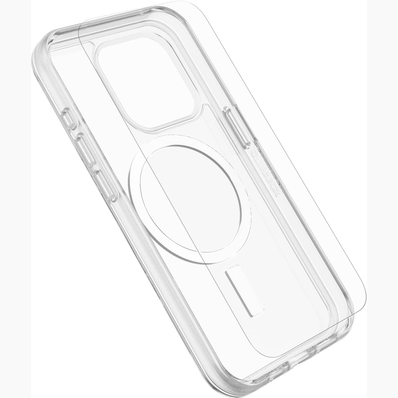 Transparente Smartphone-Hülle, passend für ein Mobiltelefon, mit kreisförmiger Aussparung auf der Rückseite. Schlichtes Design.