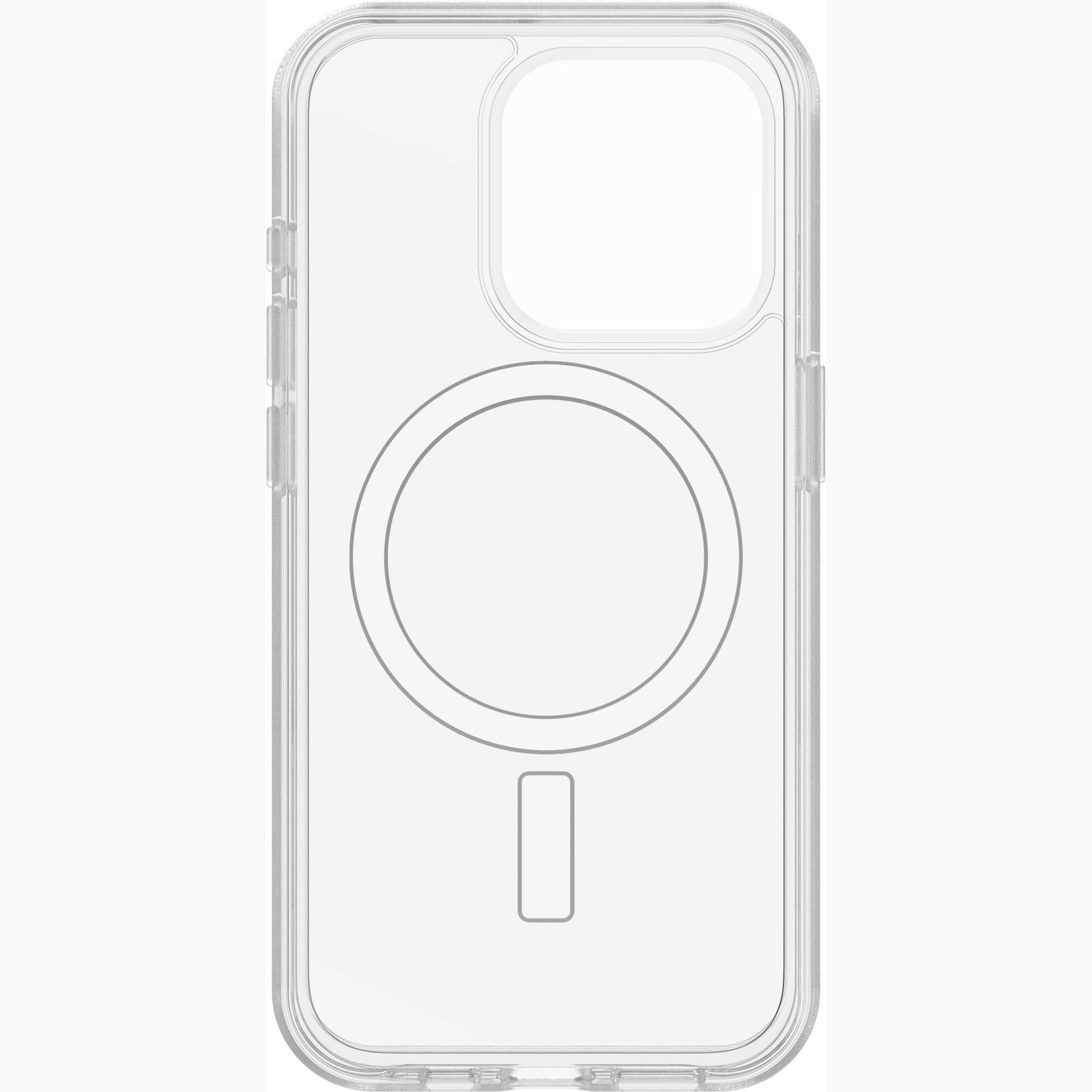 Transparente Handyhülle mit kreisförmigem MagSafe-Muster, passend für ein Smartphone mit großem Kameraausschnitt oben links.