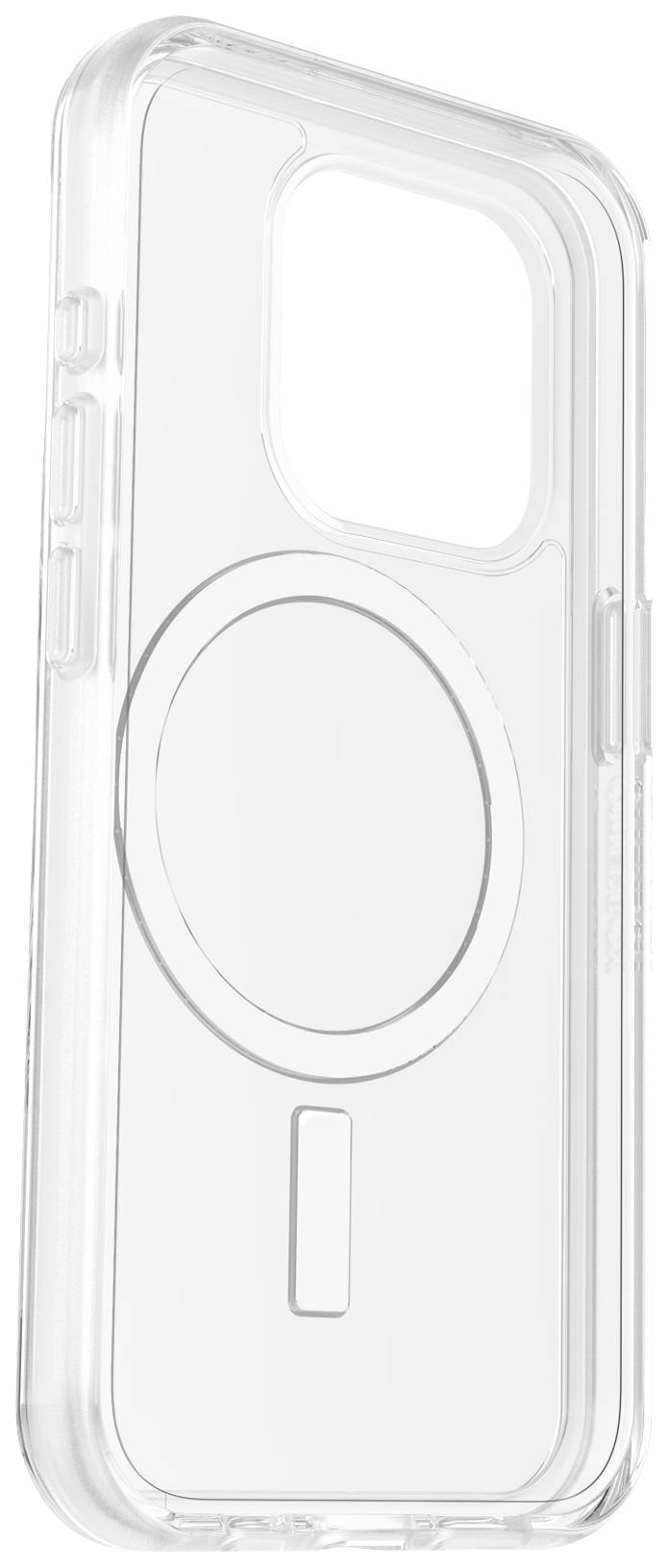 Transparente Handyhülle mit rundem Magnetring im Inneren. Geeignet für kabelloses Laden und MagSafe-Kompatibilität.