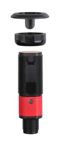 Explosionszeichnung eines zylindrischen Sensors mit roten und schwarzen Komponenten, die aufeinander gestapelt sind.