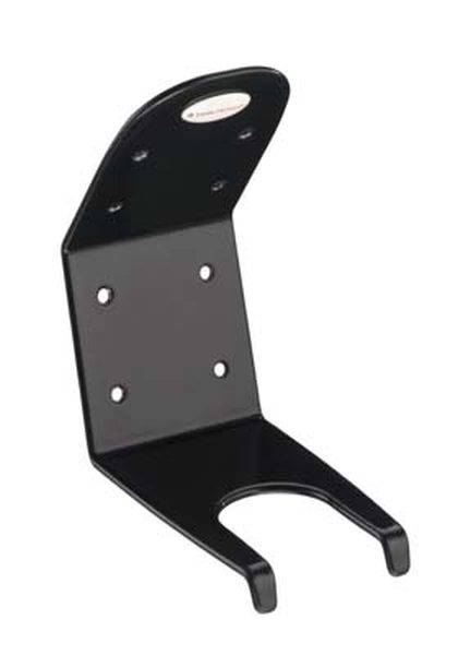 Schwarzer Wandhalter für Kopfhörer, mit runder Aussparung unten und mehreren Befestigungslöchern. Ideal zur sicheren Aufbewahrung.