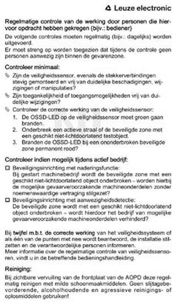 'Leuze electronic' Schild mit Anweisungen zur regelmäßigen Kontrolle von Sicherheitsmaßnahmen, inklusive Prüfpunkte und Hinweise auf mögliche Fehler.
