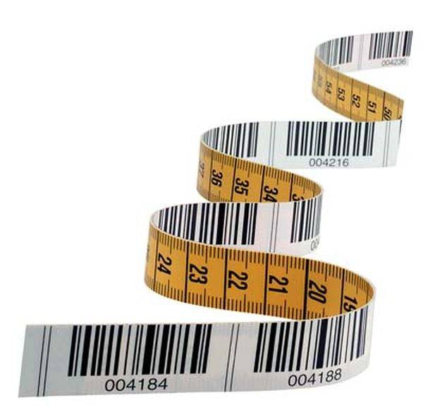 Ein Maßband mit gelber Skala von 20 bis 35 cm zeigt auch schwarze Barcodes darunter. Es ist spiralförmig gewickelt und teilweise ausgerollt.