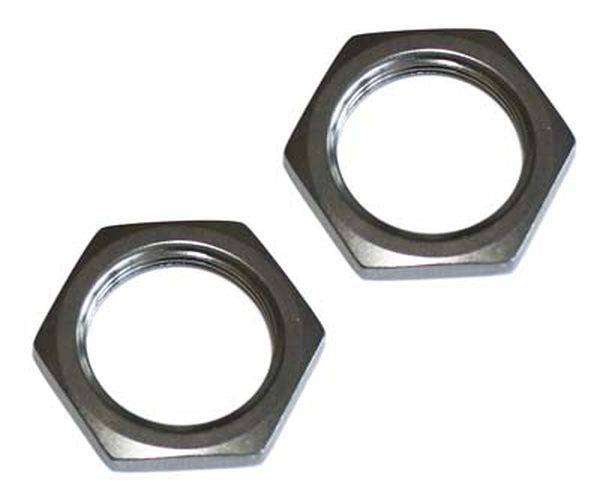 Zwei sechseckige Muttern aus Metall auf weißem Hintergrund.