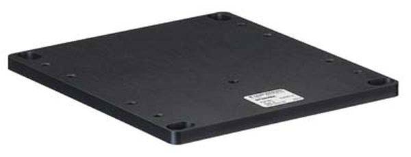 Schwarze, quadratische Metallplatte mit abgerundeten Ecken und kleinen Löchern an den Ecken.