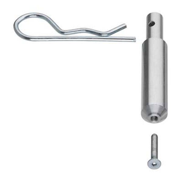 Ein Metallstift-Set, bestehend aus einem Bolzen mit Loch, einem Splint, und einer Schraube. Eignet sich zur Sicherung von Bauteilen.