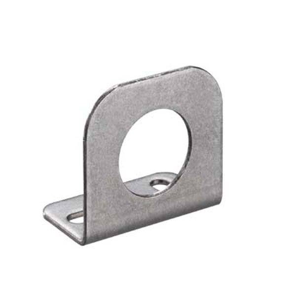 Metallwinkelhalterung mit kreisförmiger Aussparung in der Mitte, auf weißem Hintergrund. Wird zur Befestigung oder als Anschlussstück verwendet.