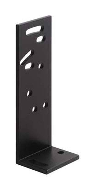 Ein rechteckiger schwarzer Metallwinkel mit mehreren Löchern, verwendet für Verbindungszwecke in Konstruktionen und Möbeln.