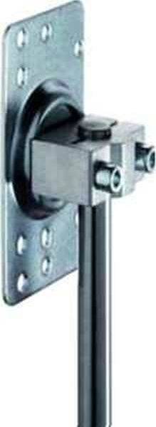 Metallische Halterung, bestehend aus einer rechteckigen Platte mit Schraublöchern und einem daran befestigten zylindrischen Stab.