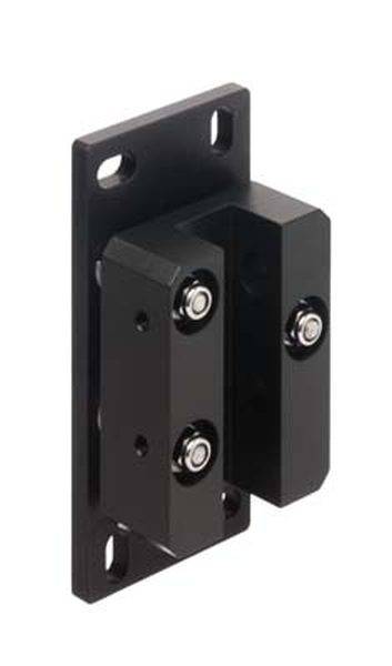 Schwarze, rechteckige Befestigungskomponente mit zwei beweglichen Teilen und Rollen, verwendet zur Montage oder Befestigung.
