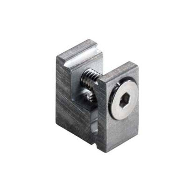 Metallwinkelstück mit Schraube und Empfangsteil, oft in mechanischen Konstruktionen zur Verbindung von Komponenten verwendet.