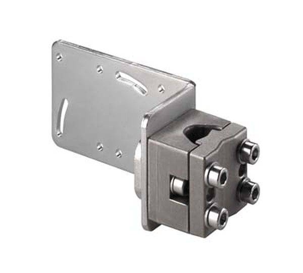 Metallverbindungsstück mit einer flachen, rechteckigen Basis und einem blockförmigen Teil mit vier Schrauben zur Befestigung.