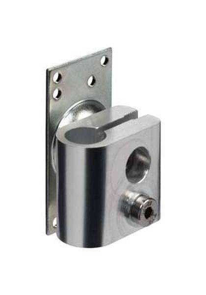 Silberne Metallhalterung mit rechteckiger Basis, mehreren Schraubenlöchern und zylindrischem Aufnahmebereich.