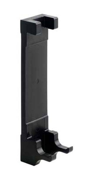 Ein schwarzer Kunststoffhalter mit einem Haken oben und zwei Haken unten. Er dient zum Aufhängen oder Halten von Gegenständen.