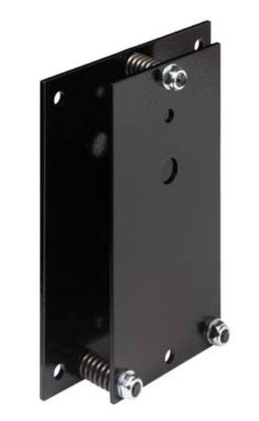 Schwarze Metallplatte mit vier Schrauben und Federn an den Ecken, mittig ein kleines Loch, möglicherweise Teil einer Maschinenhalterung.