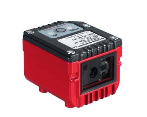 Rotes elektronisches Gerät mit schwarzer Oberseite und Etikett. Quadratische Form, geeignet für industrielle Anwendungen.