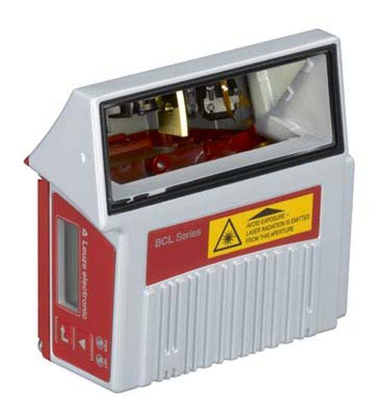Industriegerät mit Etikett 'BCL Series'. Warnung für Laseremission. Rot-weißer Kasten mit Sichtfenster, industrielle Nutzung.