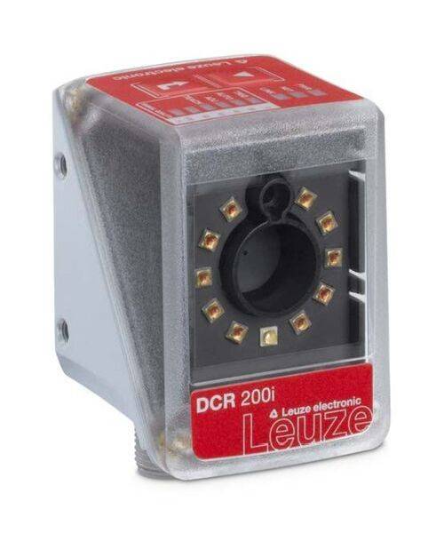 Ein elektronisches Gerät der Marke Leuze mit der Bezeichnung DCR 200i. Es hat einen rechteckigen Körper mit mehreren Lichtern um ein zentrales Objektiv.