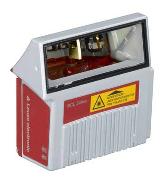 Ein Barcode-Scanner der Marke Leuze electronic aus der BCL-Serie mit gelbem Warnhinweis für Laserstrahlung auf der Vorderseite.