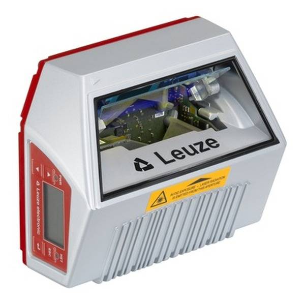 Ein Laserscanner von Leuze zeigt ein Fenster mit elektronischen Komponenten und einem Display mit Bedienelementen an der Seite.